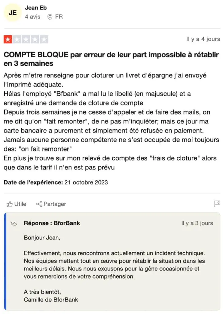 capture d’écran avis negatif BforBank