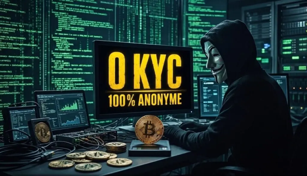 Hacker avec masque, crypto-monnaie, anonymat