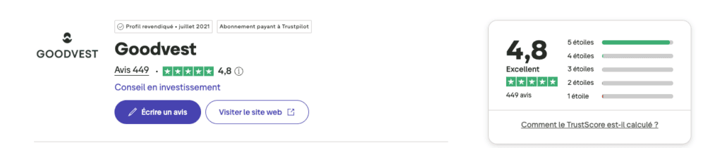 La note trustpilot de goodvest