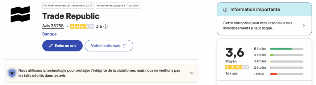 Les avis des clients sur Trade Republic sur leur page TrustPilot