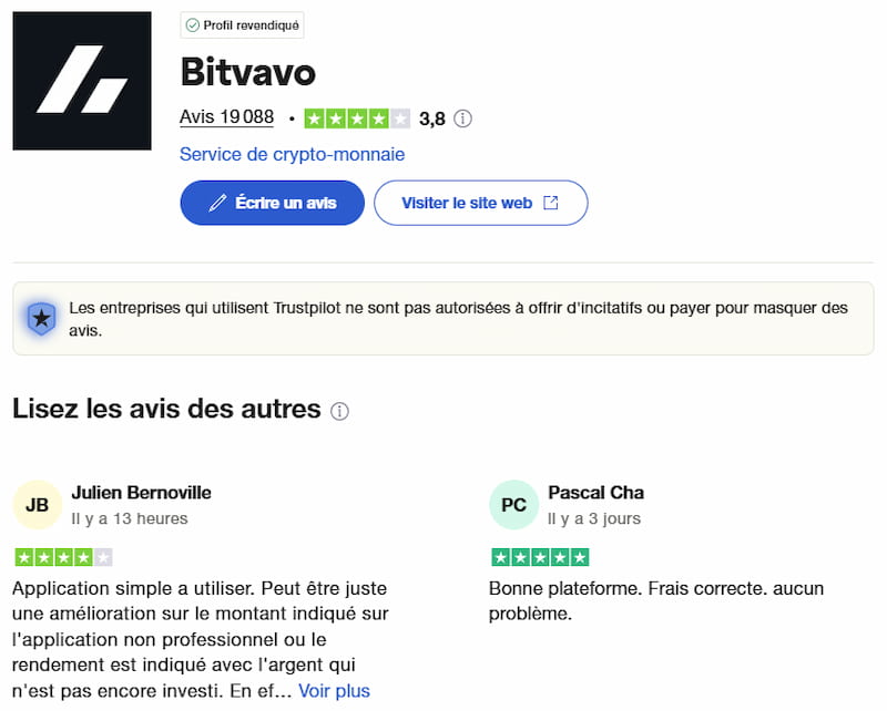 Avis des clients Bitavo sur Trustpilot