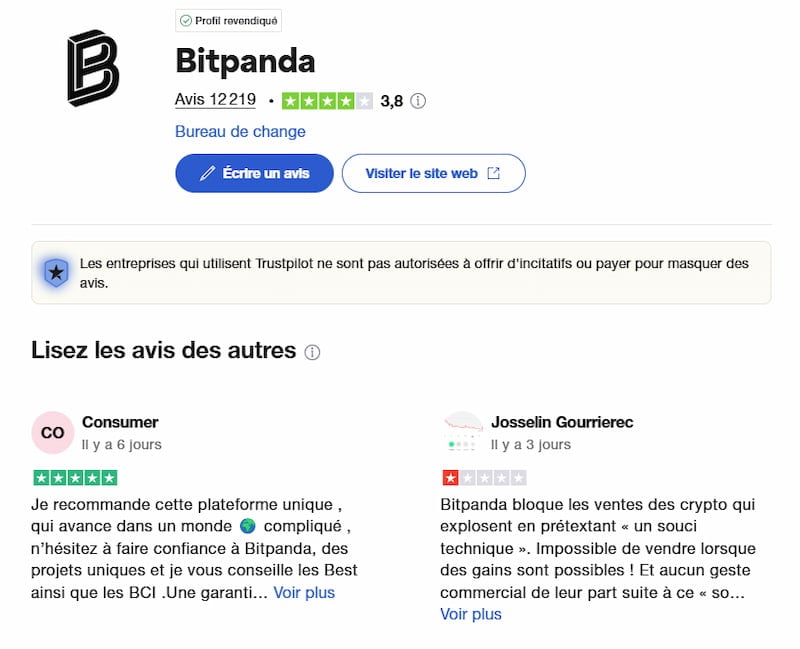 capture d’écran utilisateur trustpilot bitpanda