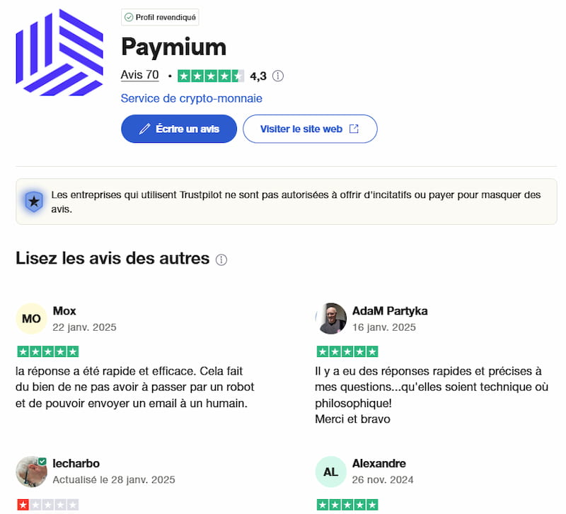 Avis trustpilot Paymium