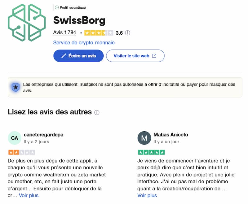Note de Swissborg sur la plateforme Trustpilot