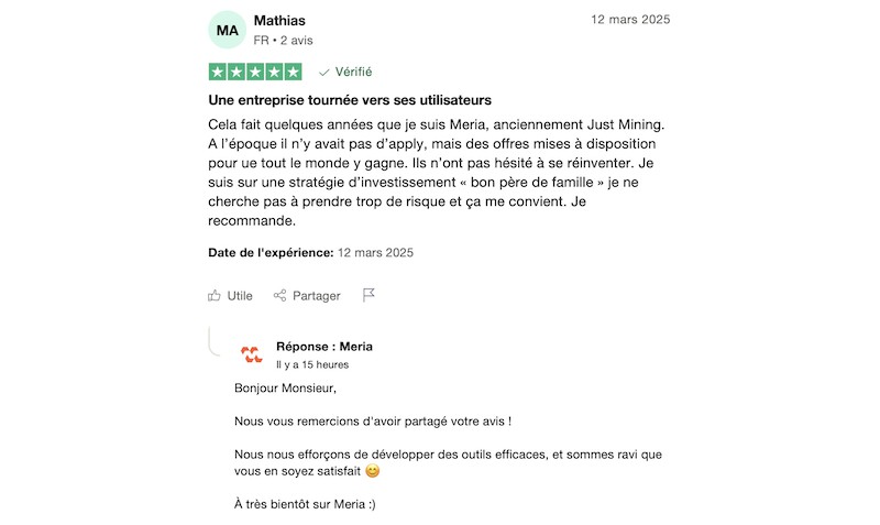 commentaire positif sur Meria