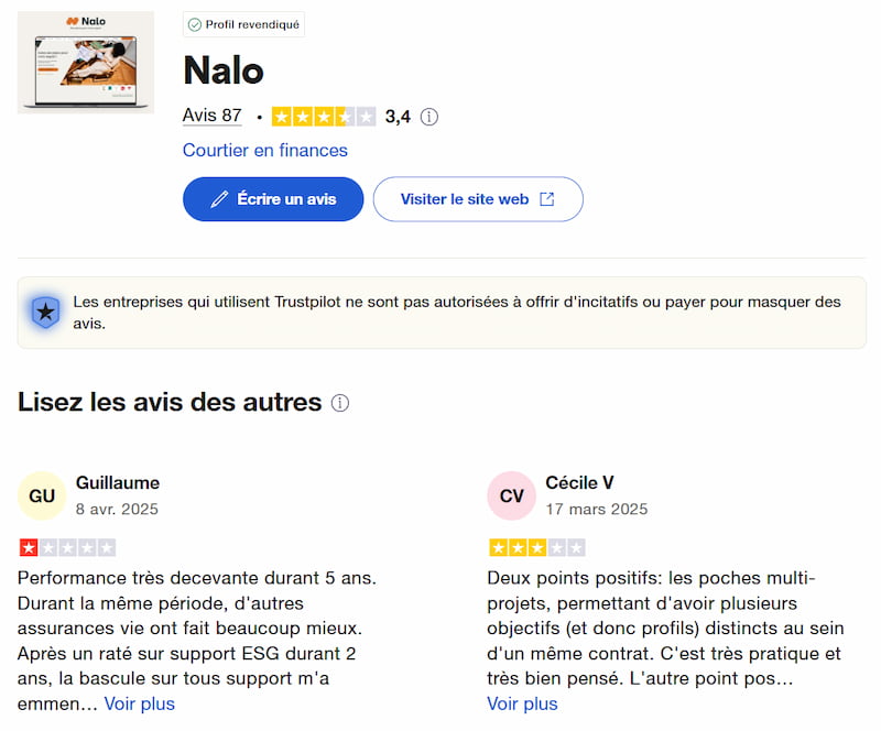 Note globale de Nalo sur la plateforme Trustpilot