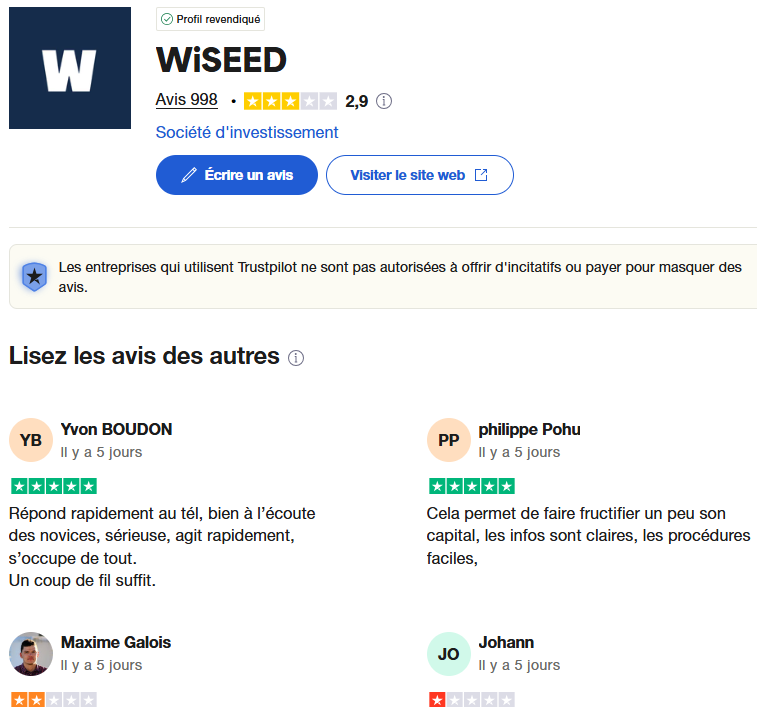 Avis Wiseed Trustpilot