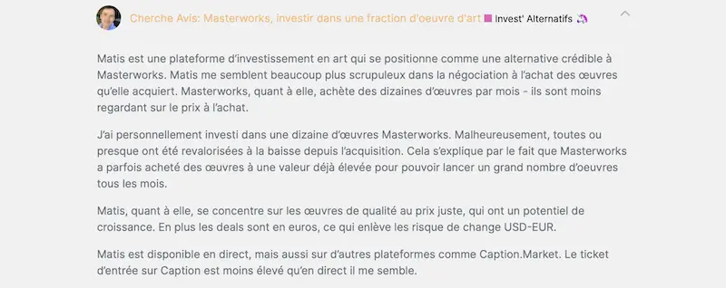 les avis des clients et investisseurs matis