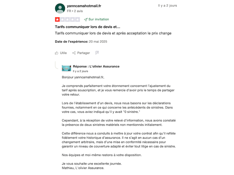 client mécontent l'Olivier Assurance