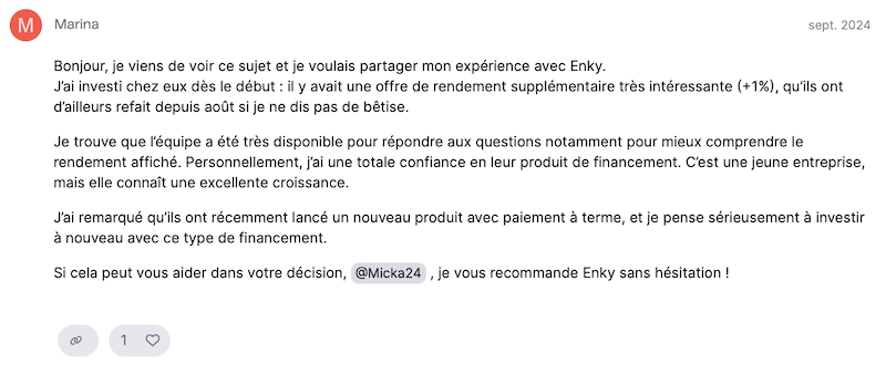cliente satisfaite Enky Invest