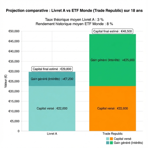 Comparaison du rendement du Livret A et du Plan Épargne Enfant Trade Republic sur 18 ans