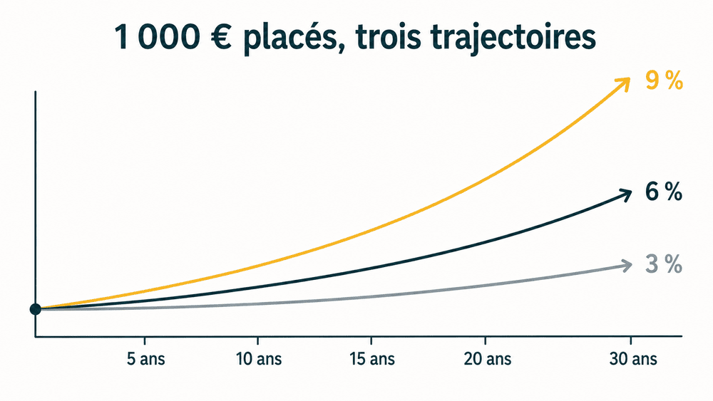 Croissance comparée de 1 000 € à 3, 6 et 9 % par an sur 30 ans