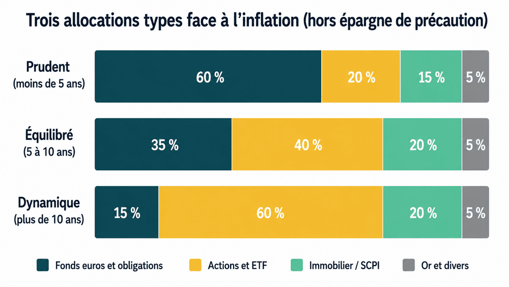 Graphique en barres empilées des trois allocations types face à l’inflation : prudent 60 % fonds euros et obligations, équilibré 40 % actions, dynamique 60 % actions, avec 5 % d’or dans chaque profil