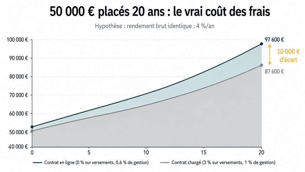Graphique montrant l'écart de capital sur 20 ans entre un contrat d'assurance-vie en ligne à frais réduits (97 600 €) et un contrat chargé en frais (87 600 €) pour 50 000 € placés à rendement brut identique