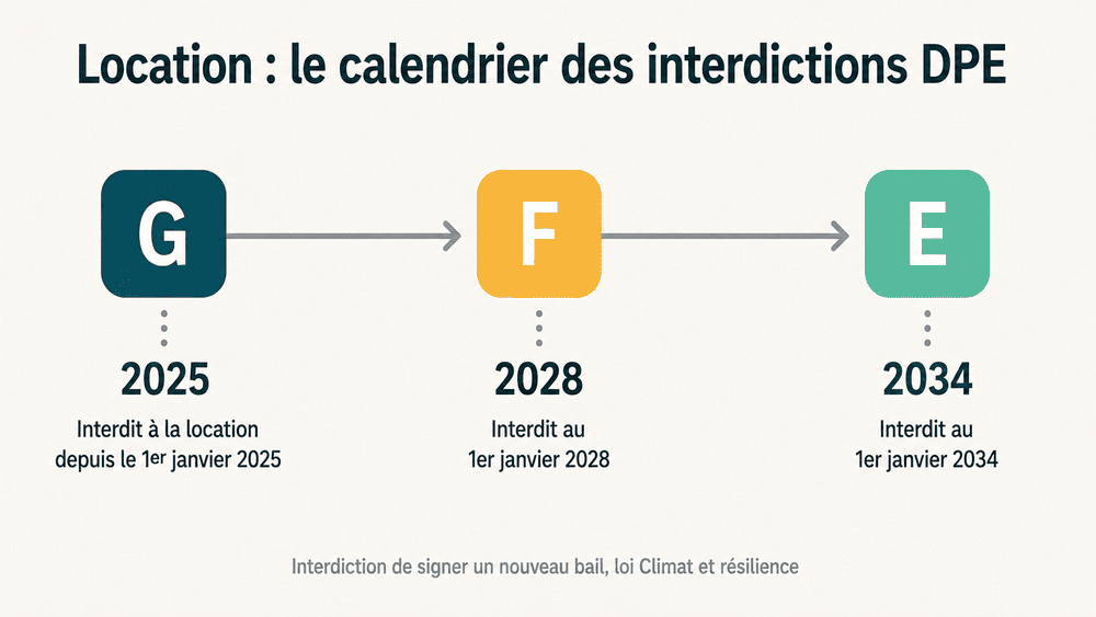 Calendrier des interdictions de location selon le DPE : G en 2025, F en 2028, E en 2034