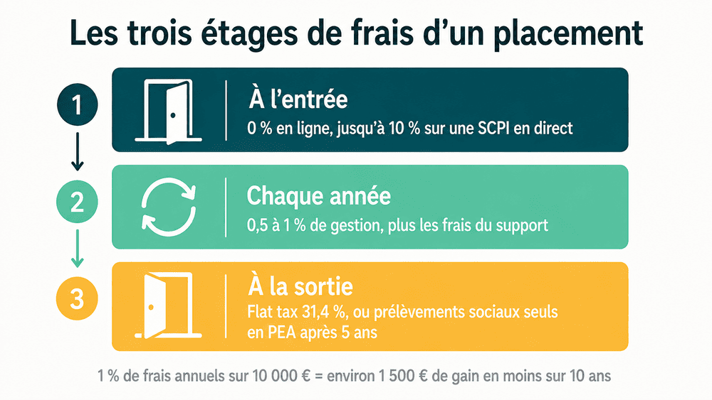 Les trois niveaux de frais d’un placement : entrée, gestion annuelle et sortie