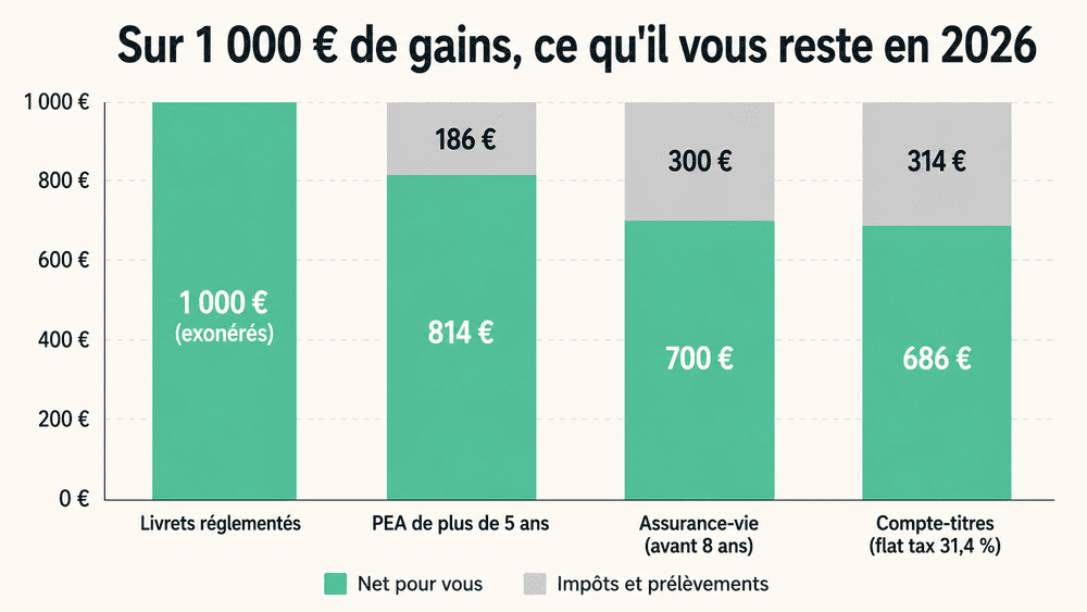 Comparaison de la fiscalité 2026 sur 1 000 € de gains selon le placement : livrets, PEA, assurance-vie et compte-titres