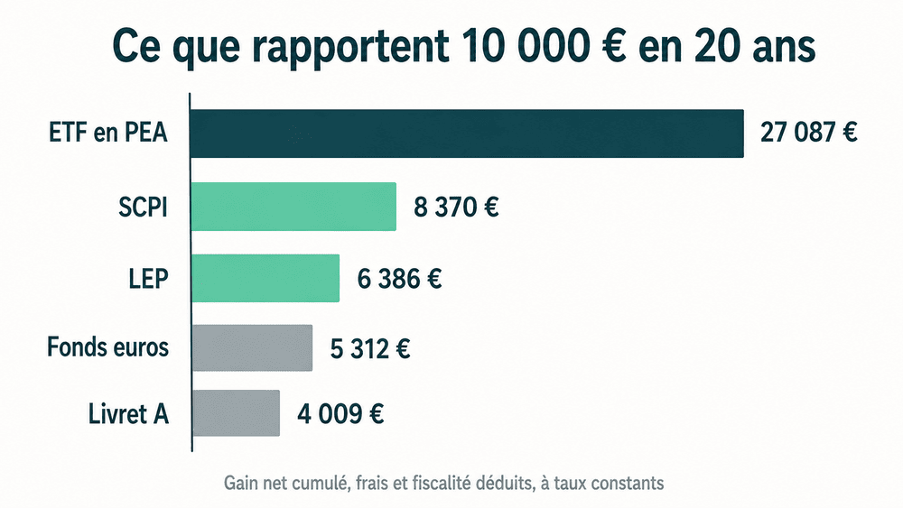 Gain net de 10 000 € placés pendant 20 ans selon le support