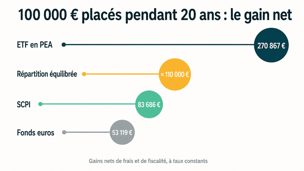 Gain net de 100 000 € placés pendant 20 ans selon le support