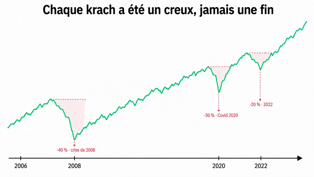courbe illustrant les krachs boursiers de 2008 2020 et 2022 et leur récupération