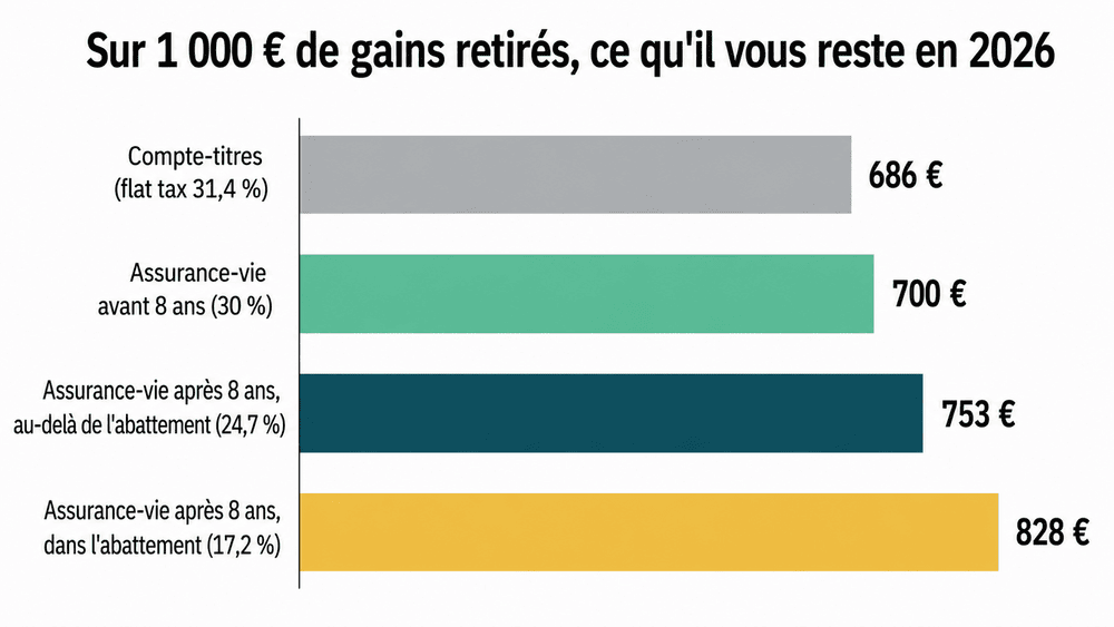 Graphique en barres comparant le net perçu sur 1 000 € de gains en 2026 : 686 € sur un compte-titres, 700 € en assurance-vie avant 8 ans, 753 € au-delà de l'abattement après 8 ans, 828 € dans l'abattement