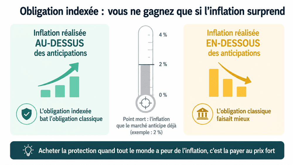 Schéma expliquant le point mort d’inflation des obligations indexées : elles ne surperforment les obligations classiques que si l’inflation réalisée dépasse celle que le marché anticipait déjà