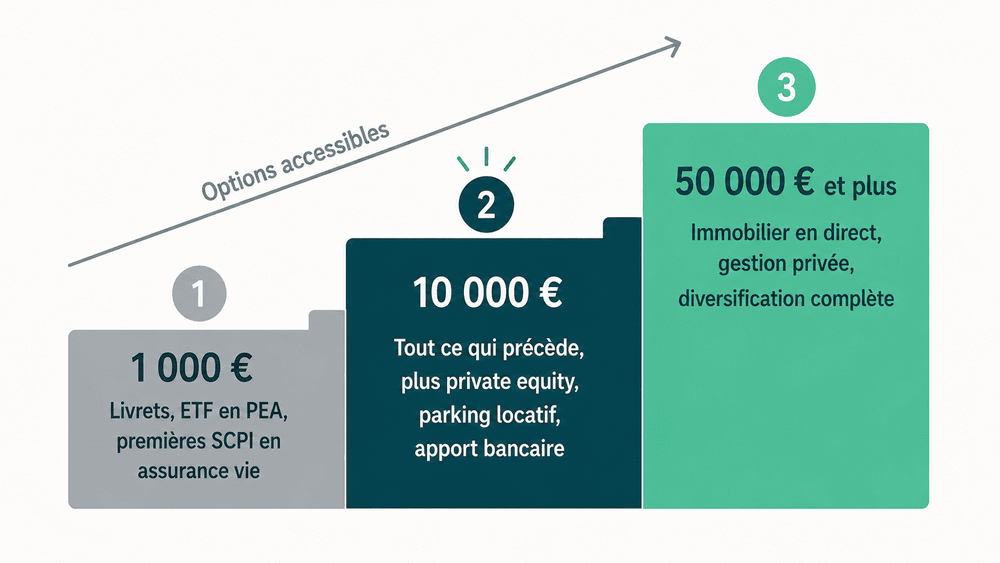 Les placements accessibles selon le capital de départ, de 1 000 à 50 000 euros