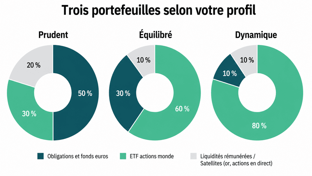 trois exemples de portefeuille boursier prudent équilibré et dynamique en graphiques anneaux