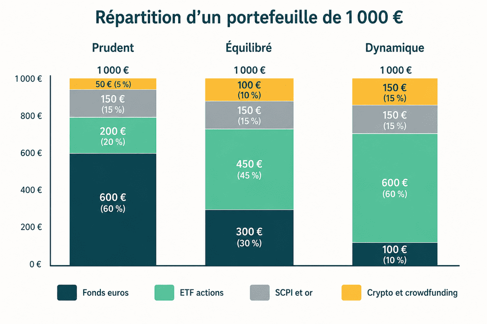 Trois répartitions types d'un capital de 1 000 € selon le profil de risque