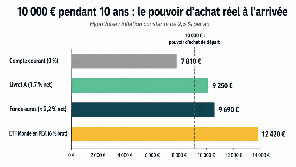Graphique comparant le pouvoir d’achat réel de 10 000 € après 10 ans à 2,5 % d’inflation : 7 810 € sur compte courant, 9 250 € sur Livret A, 9 690 € en fonds euros, 12 420 € en ETF via un PEA