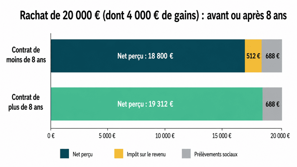 Graphique comparant un rachat de 20 000 € dont 4 000 € de gains en assurance vie : 18 800 € nets avant 8 ans contre 19 312 € nets après 8 ans grâce à l'abattement