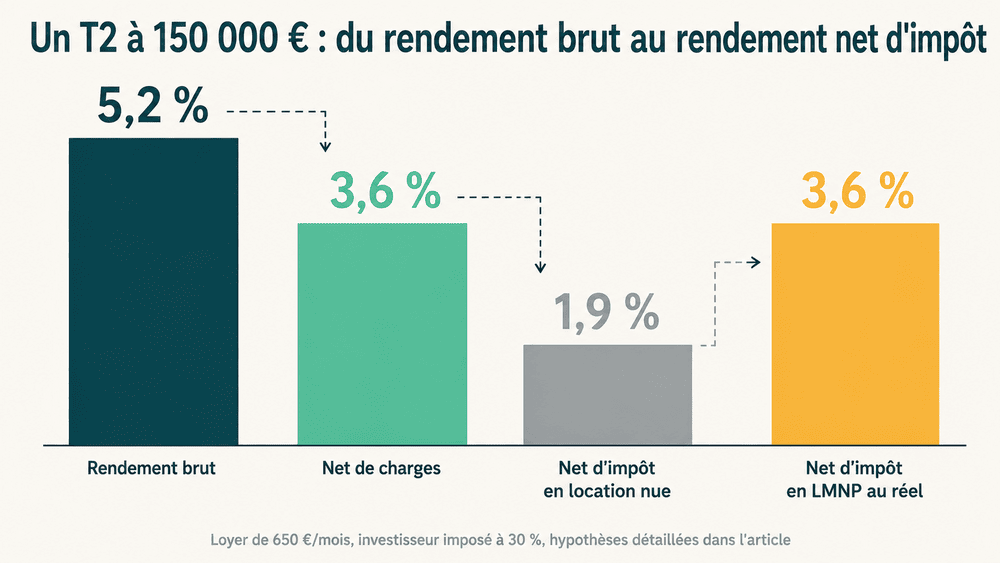 Rendement d’un T2 à 150 000 € : du brut au net d’impôt en location nue et en LMNP