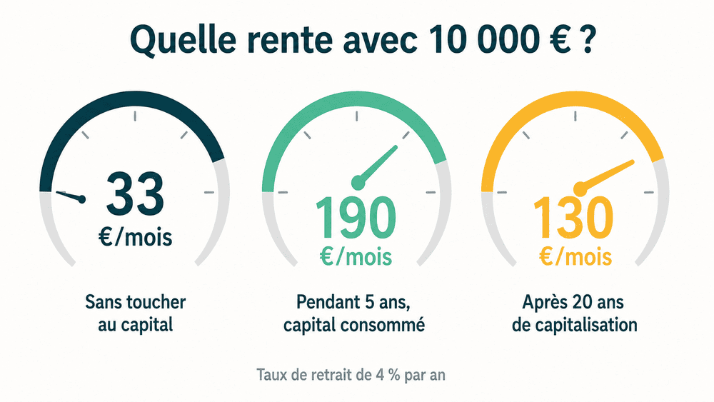 Trois scénarios de rente mensuelle avec un capital de 10 000 euros