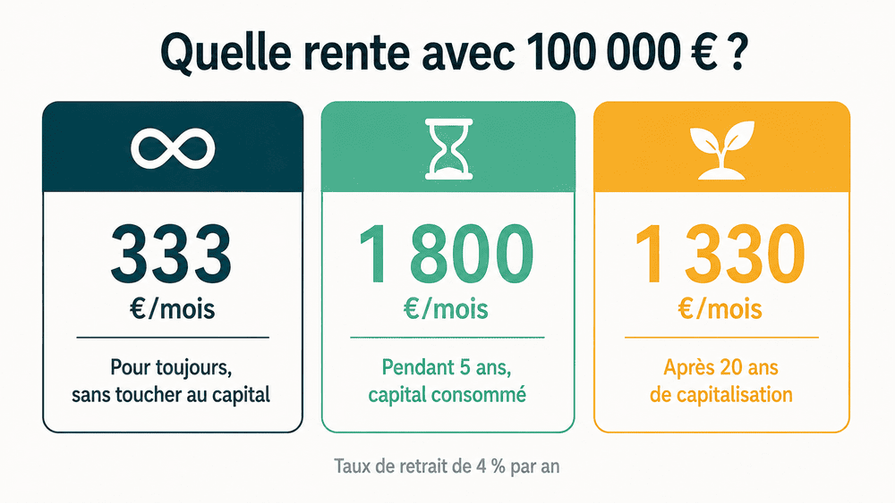 Trois scénarios de rente mensuelle avec un capital de 100 000 euros