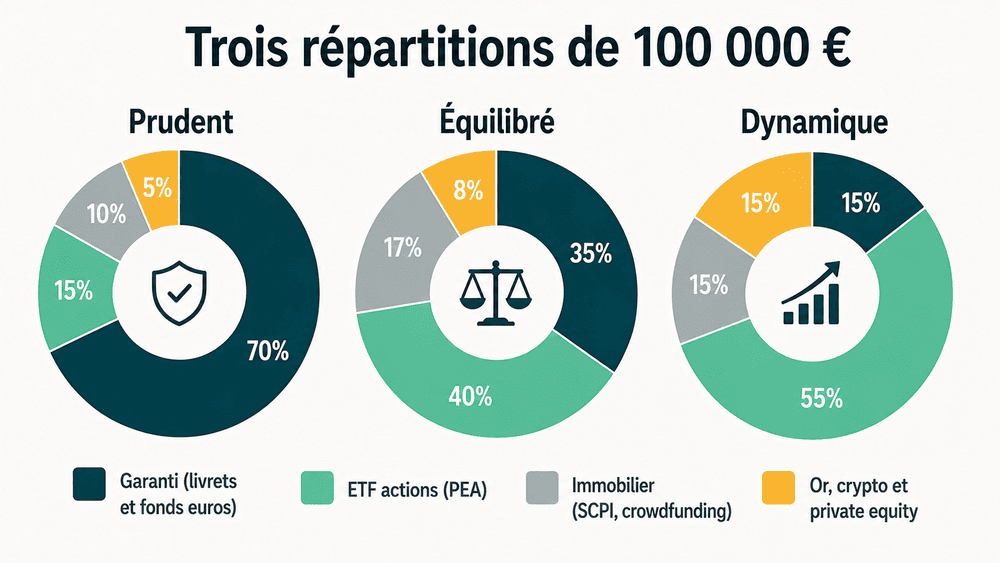 Trois répartitions types d’un capital de 100 000 € selon le profil