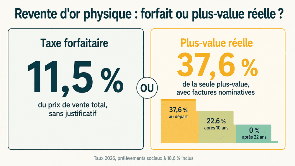 Fiscalité de revente de l’or physique : taxe forfaitaire 11,5 % ou plus-value réelle 37,6 %