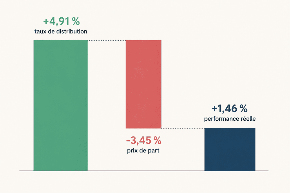 Performance réelle des SCPI en 2025 : 4,91 % de distribution moins 3,45 % de baisse du prix de part