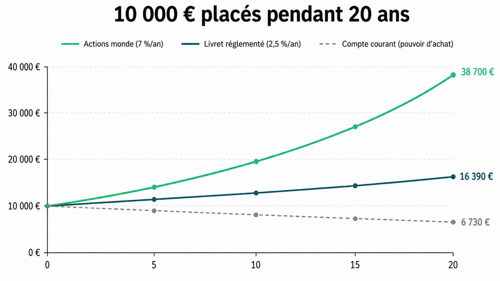 10 000 euros placés pendant 20 ans. La différence entre le rendement des actions, d'un livret règlementé et d'un compte courant.