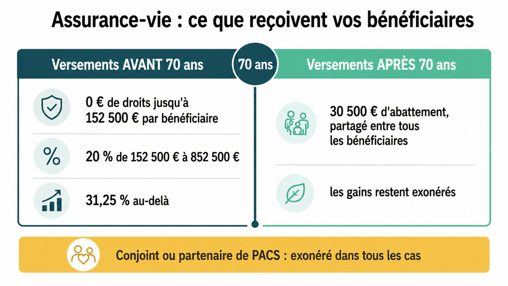 Infographie des règles de transmission de l'assurance-vie : 152 500 € exonérés par bénéficiaire pour les versements avant 70 ans puis 20 % et 31,25 %, abattement global de 30 500 € après 70 ans, conjoint et partenaire de PACS toujours exonérés