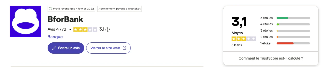 Avis BforBank sur Trustpilot : note 3,1 sur 5 pour 4 772 avis, mention Moyen, 51 % d'avis à 1 étoile