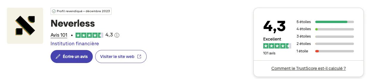 Avis Neverless sur Trustpilot : note 4,3 sur 5 pour 101 avis, mention Excellent, profil revendiqué depuis décembre 2023