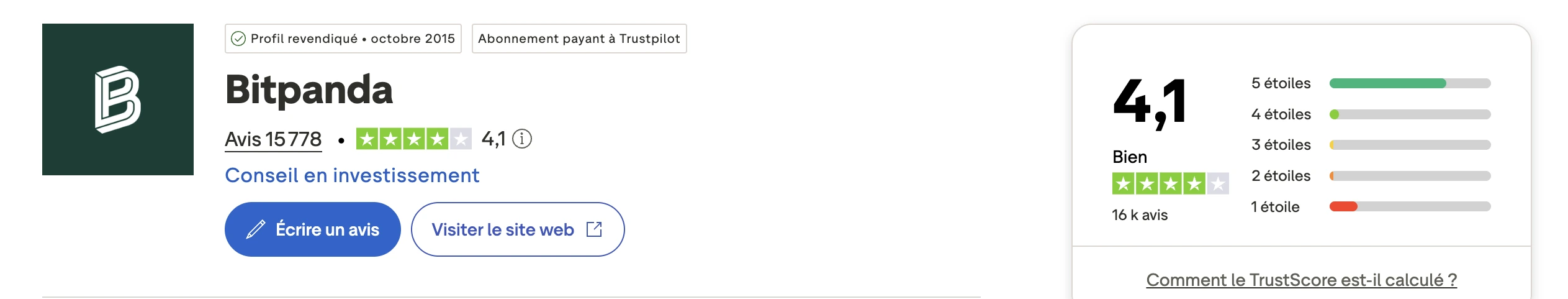 note Trustpilot de Bitpanda 4,1 sur 5 pour 15 778 avis