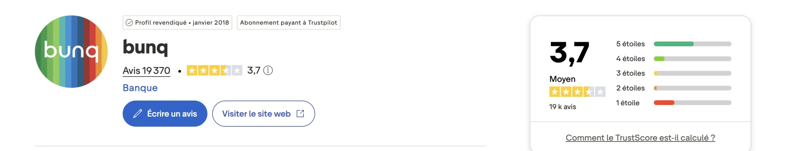 Note Trustpilot de bunq : 3,7/5 sur 19 370 avis (septembre 2026)