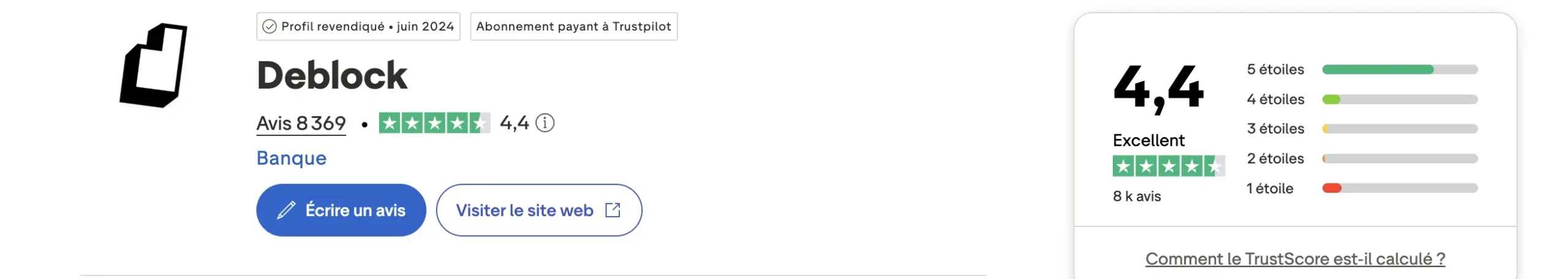 Note Trustpilot de Deblock : 4,4/5 sur 8 369 avis (septembre 2026)