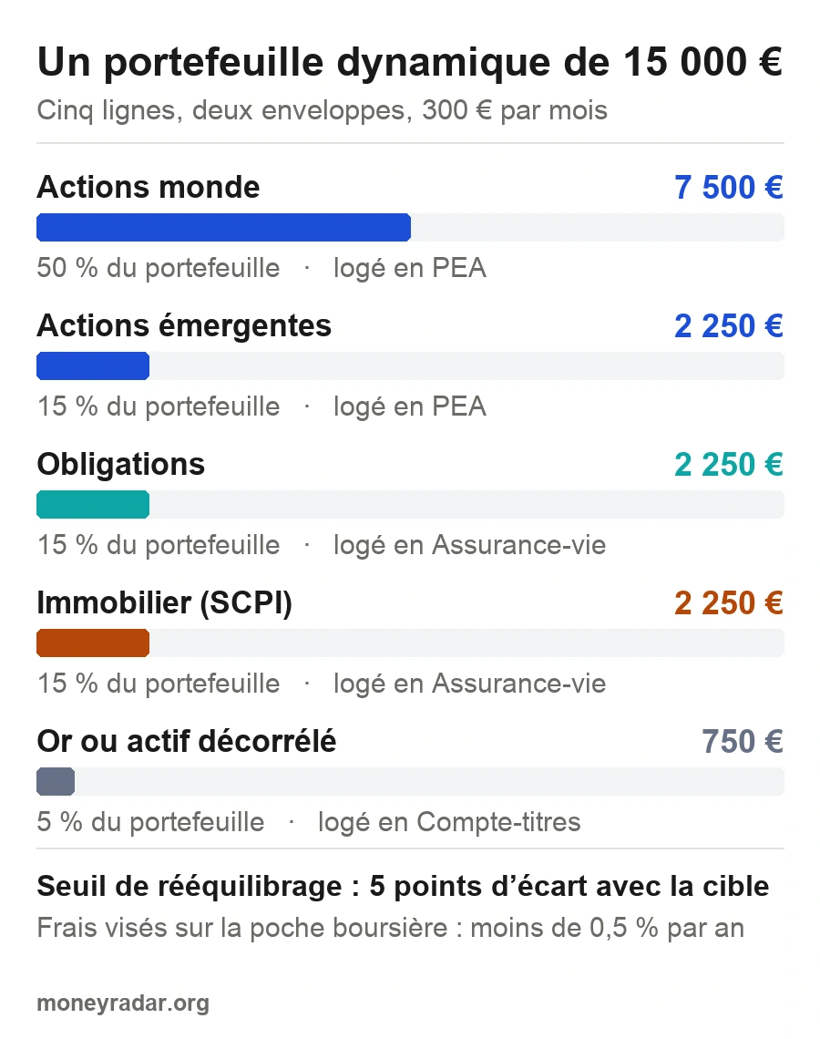 exemple de portefeuille diversifié de 15 000 € réparti en cinq lignes avec leurs enveloppes