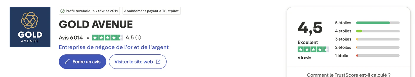Note Trustpilot de Gold Avenue : 4,5 sur 5 pour 6 014 avis clients