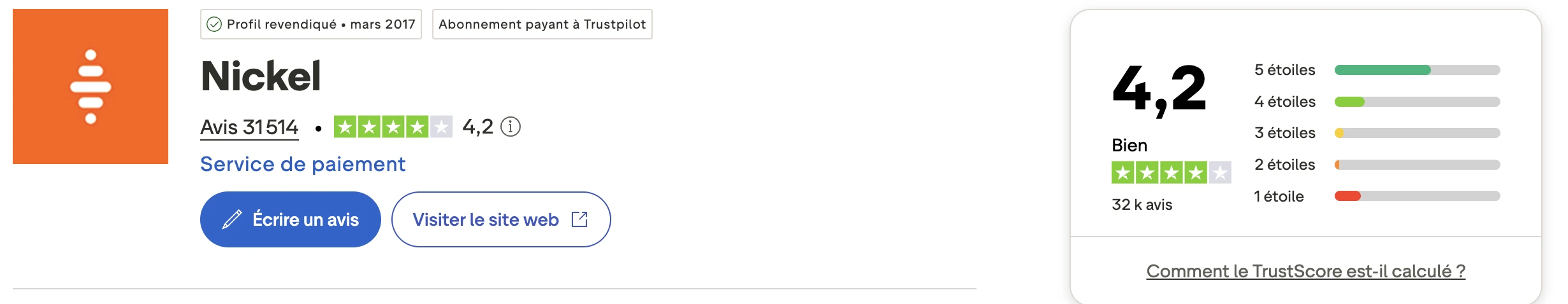 Note Trustpilot de Nickel : 4,2/5 sur 31 514 avis (septembre 2026)