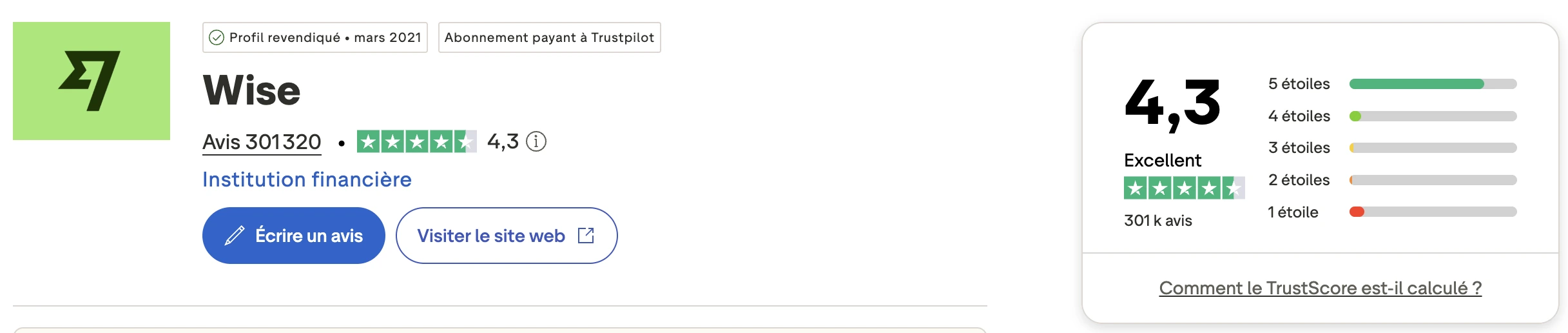 Note Trustpilot de Wise : 4,3/5 sur 301 320 avis (septembre 2026)